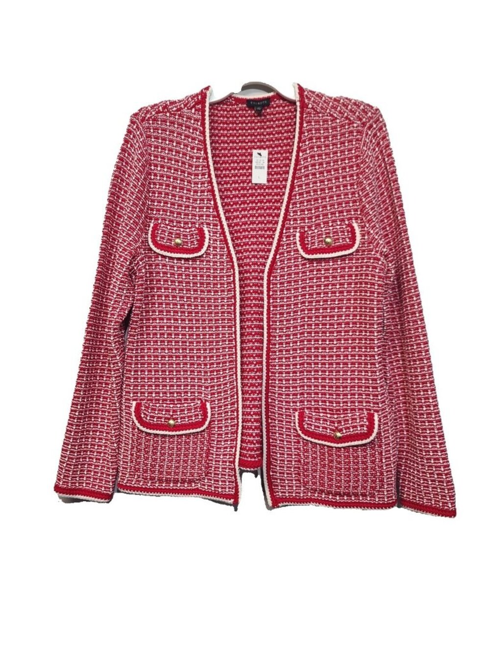 Talbots Tipped Tweed Sweater Jacket Size L Red White NWT
